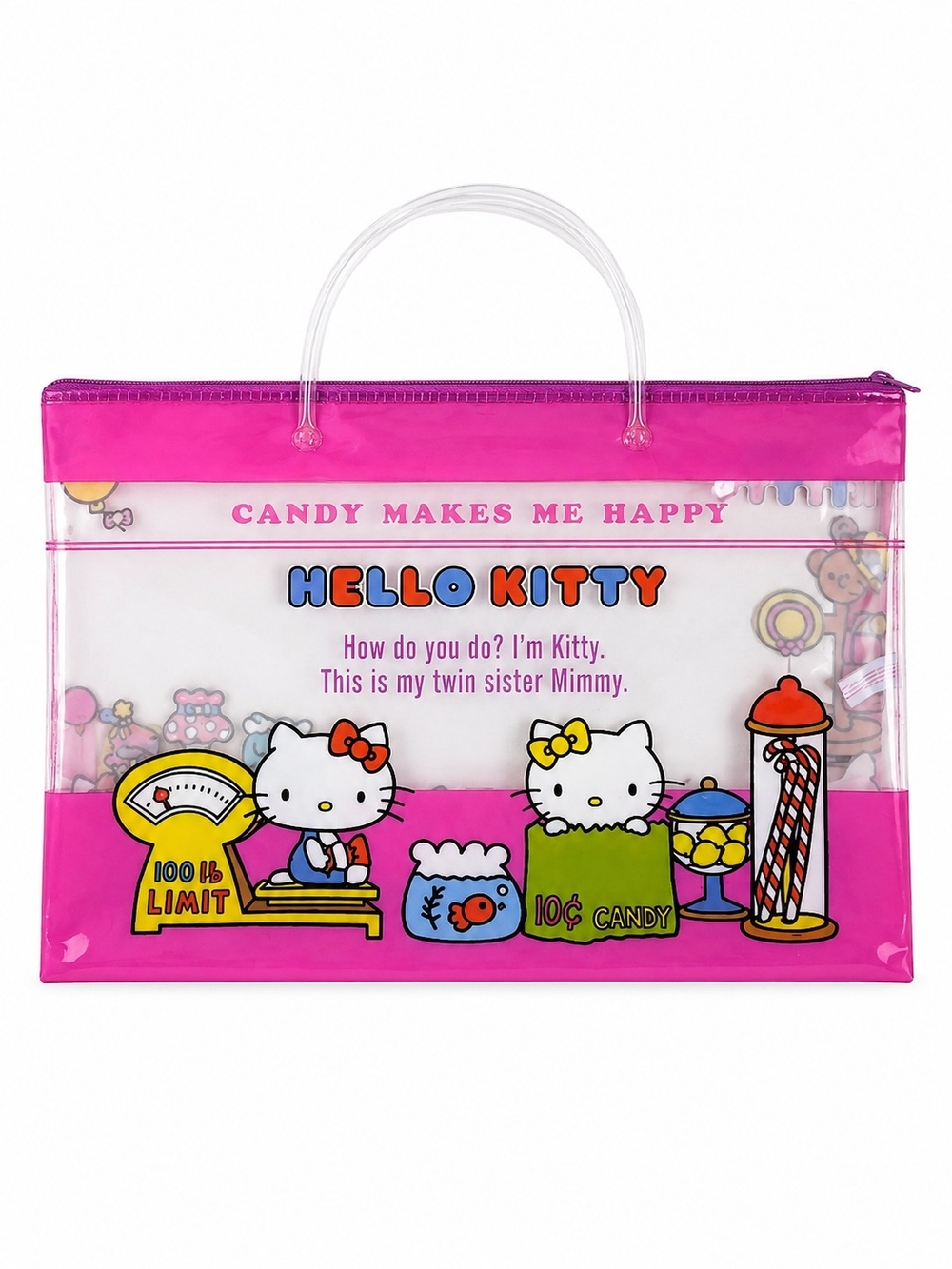 Sanrio Hello Kitty & Mimmy Clear Hot Pink Zippered Tote Bag Kawaii